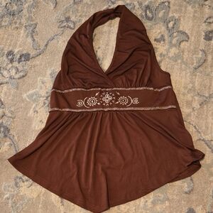 SHEIN Brown Halter Tank with Embroidered Waist
